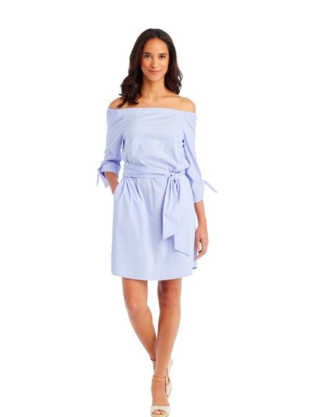 J. McLaughlin Off The Shoulder Belted Dress Preppy Coastal Grandma Blue - Medium